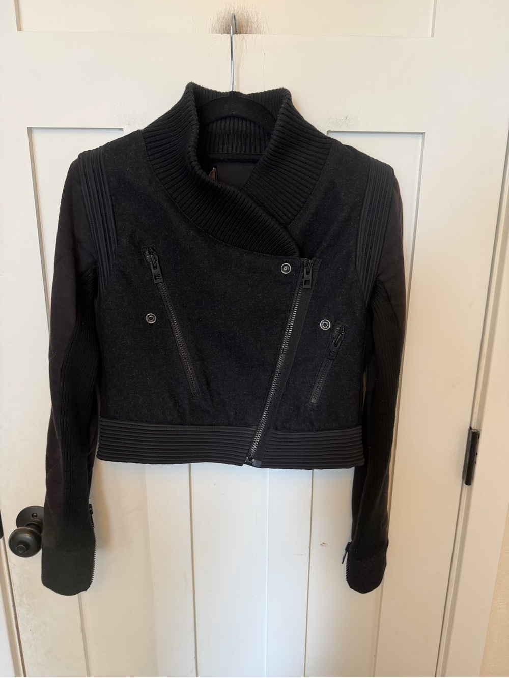 Adidas by Stella McCartney Black Wool Cotton Moto Bike Jacket Biker Ribbed Knit